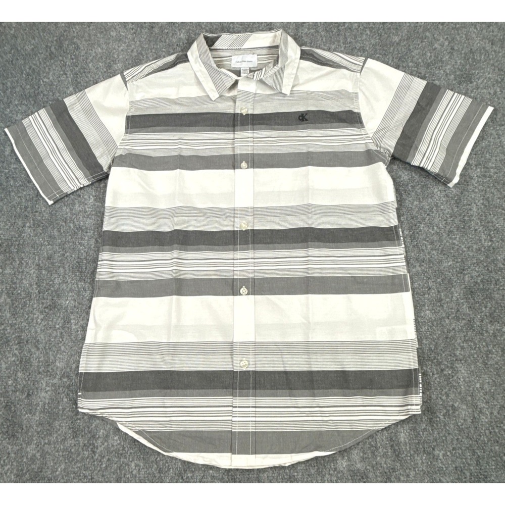 Calvin Klein Jeans Boys XL 18-20 Grey White Striped Button Down Shirt NWT